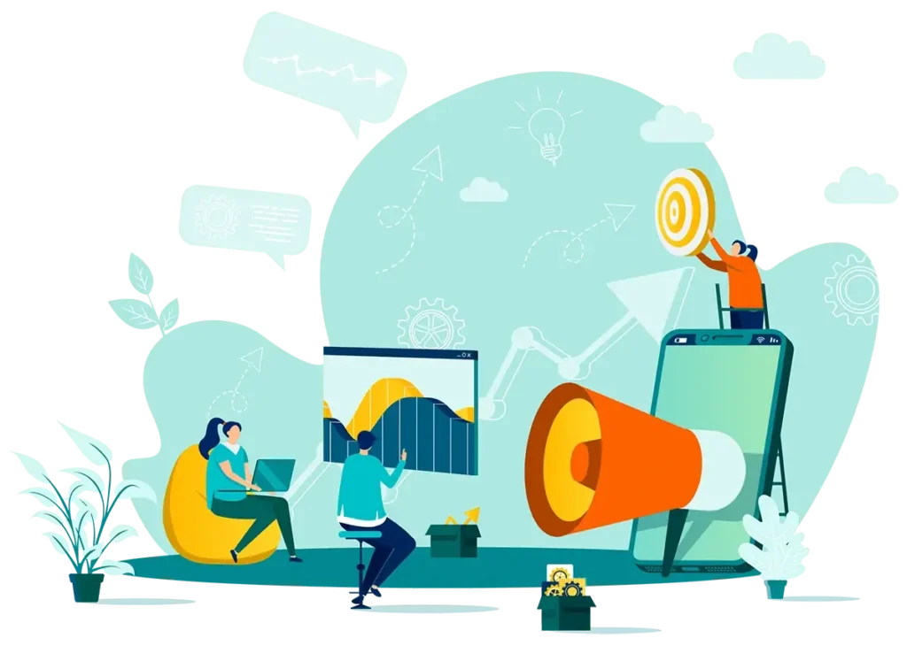 Digital marketing expertise illustration highlighting strategy, tools, and business growth